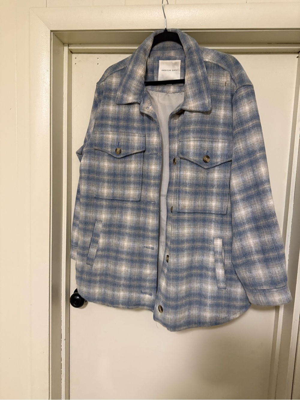 American Eagle Outfitters Light Blue and White Plaid Shirt Jacket